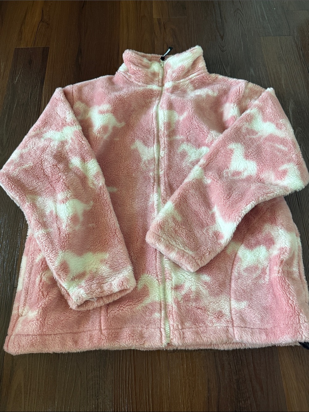 Cozy Pink Plush Zip-Up Hoodie with White Horse Print
